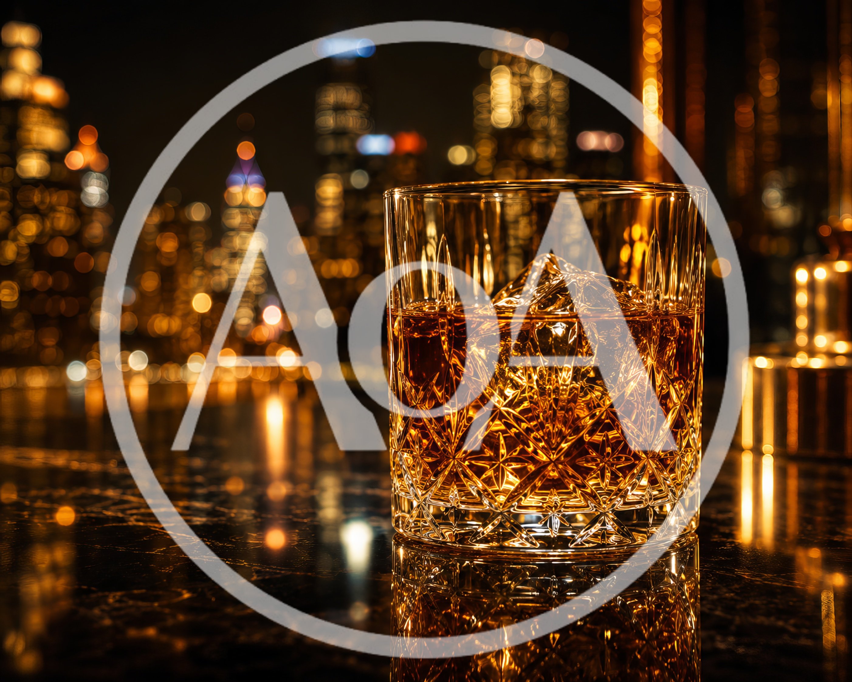 Crystal Whiskey Glass With Ice On Marble Bar
