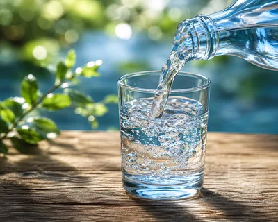 Clear Water Pouring Into A Glass On Wooden Table