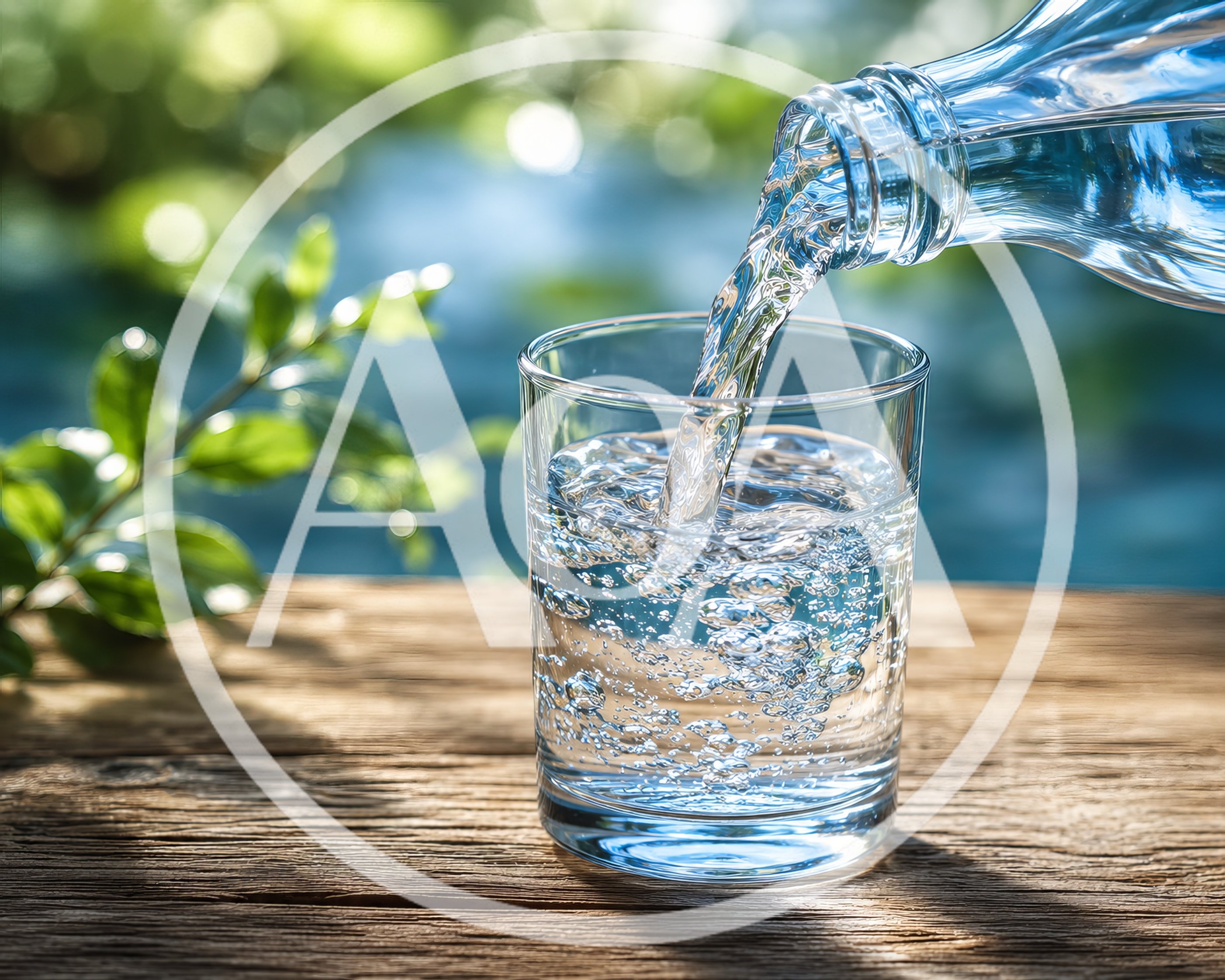 Clear Water Pouring Into A Glass On Wooden Table