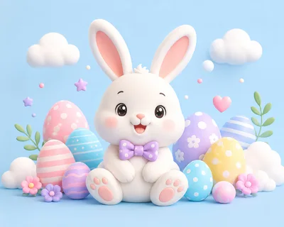 Cute 3D Easter Bunny With Colorful Decorated Eggs