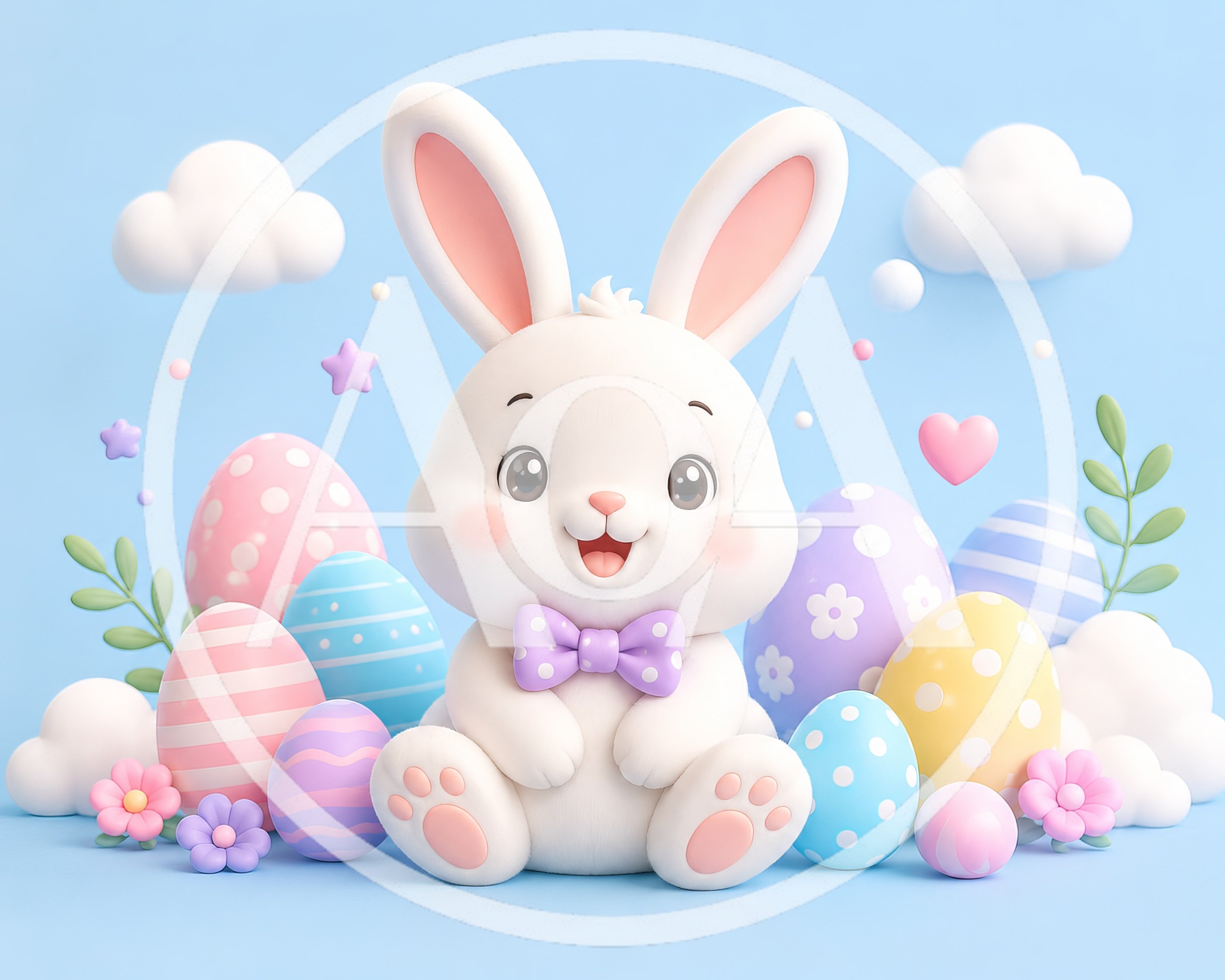 Cute 3D Easter Bunny With Colorful Decorated Eggs