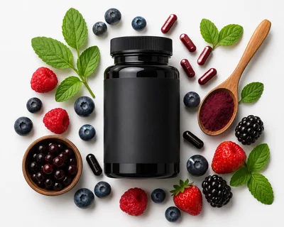 Black Supplement Bottle With Berries And Mint Leaves