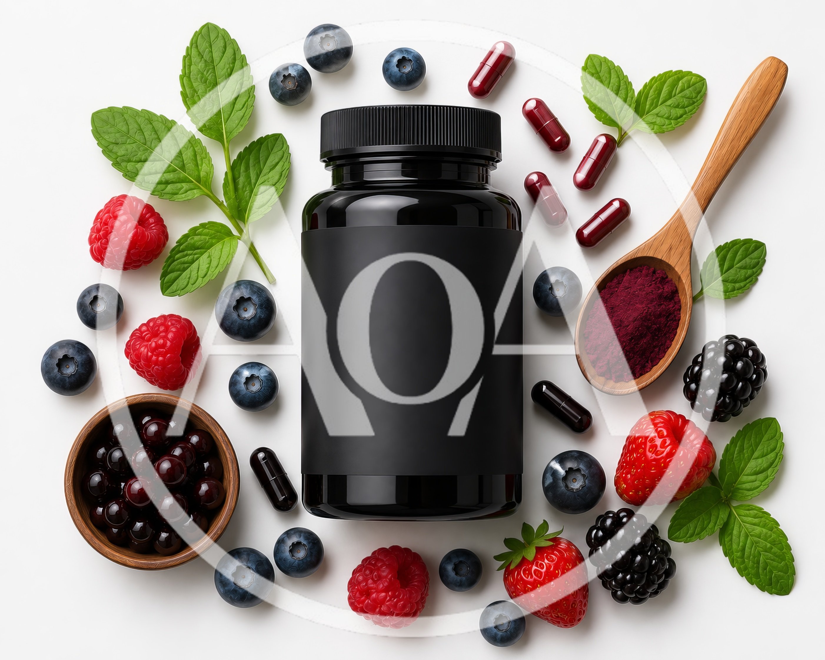 Black Supplement Bottle With Berries And Mint Leaves