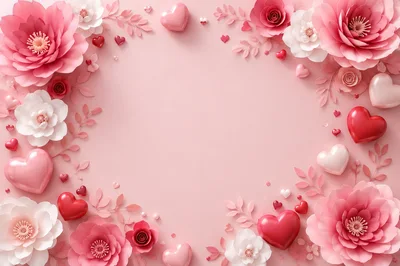 Valentine Day Background With Paper Flowers And Hearts