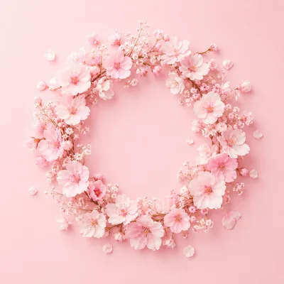 Cherry Blossom Floral Wreath on Pastel Pink Background