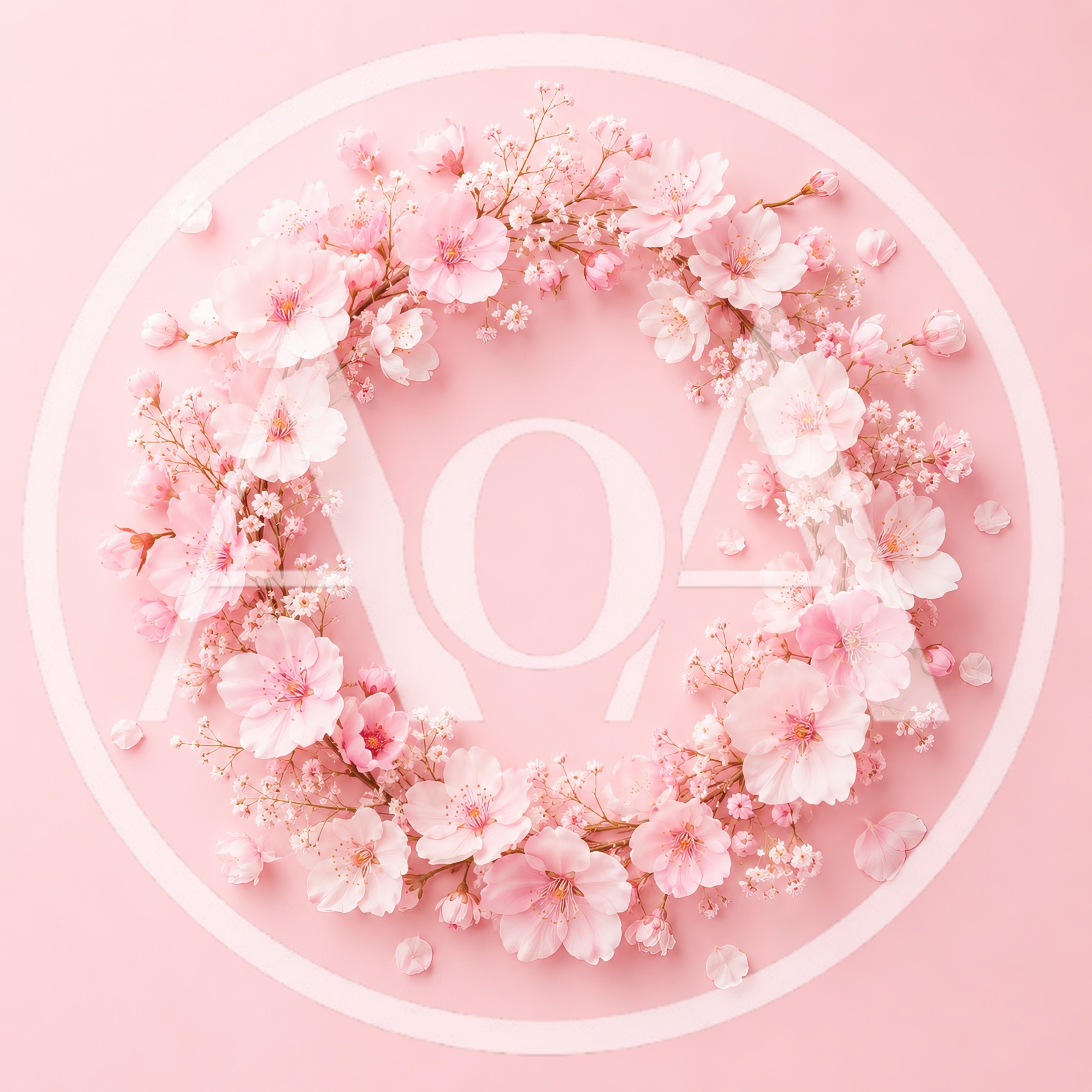 Cherry Blossom Floral Wreath on Pastel Pink Background