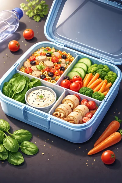 Healthy Bento Box Lunch With Fresh Vegetables And Pasta