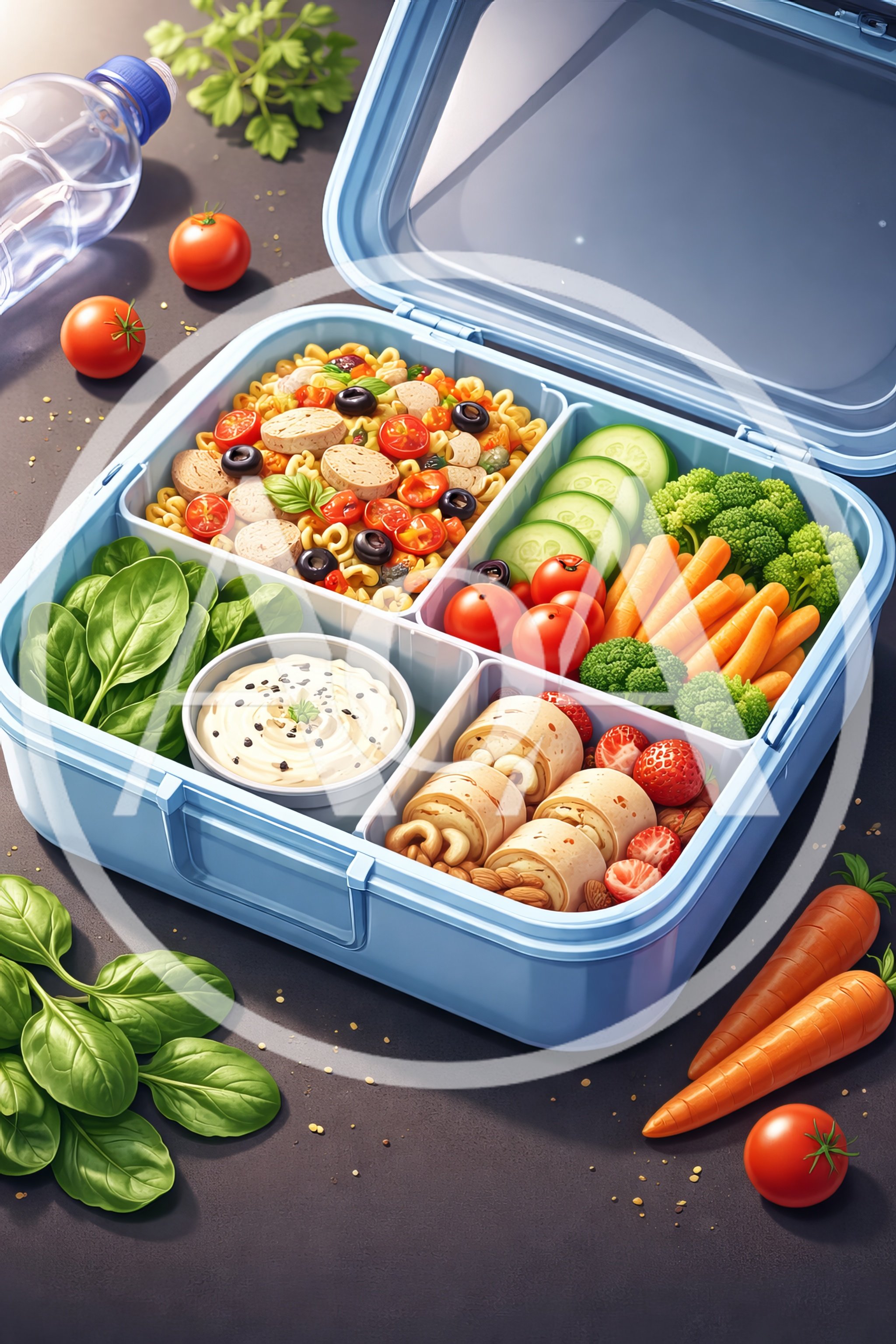 Healthy Bento Box Lunch With Fresh Vegetables And Pasta