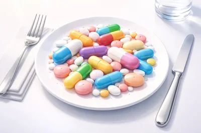 Assorted Pharmaceutical Pills Served on a Dinner Plate