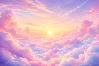 Dreamy Pastel Sunset Sky With Fluffy Clouds