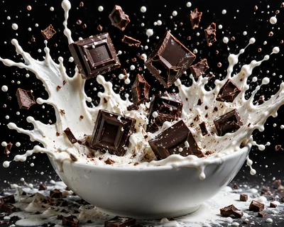 Dark Chocolate Squares Splashing Into A Bowl Of Milk