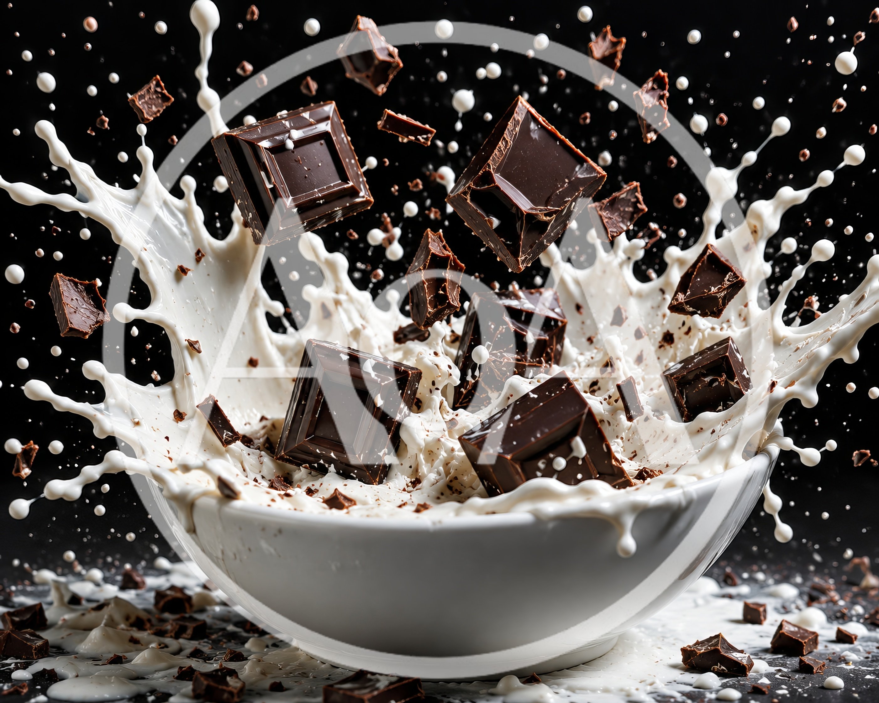 Dark Chocolate Squares Splashing Into A Bowl Of Milk