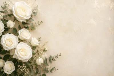 Elegant White Rose Bouquet On Textured Beige Background