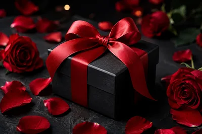Black Gift Box With Red Ribbon And Roses