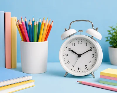 Desk Setup With Alarm Clock And School Supplies