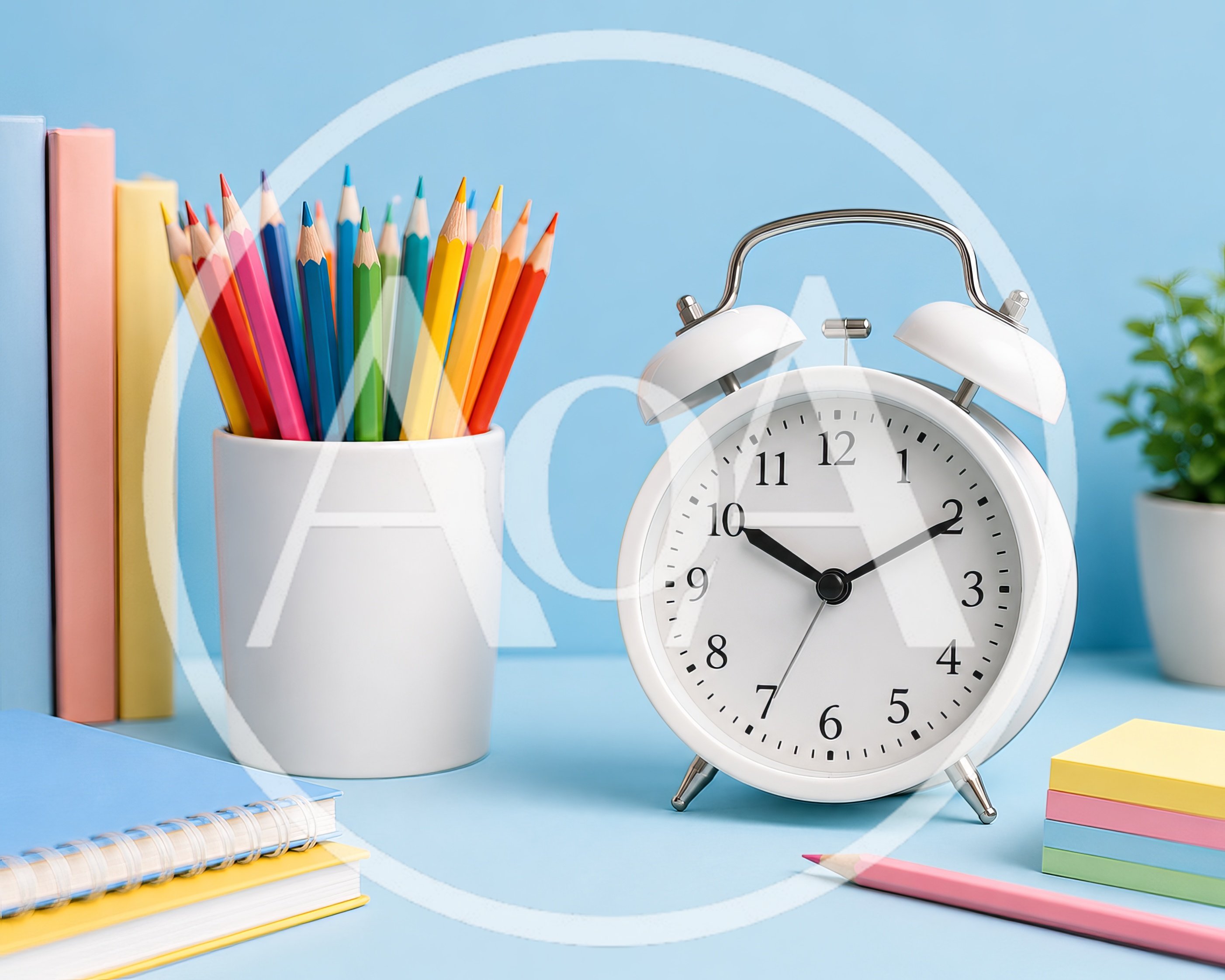 Desk Setup With Alarm Clock And School Supplies
