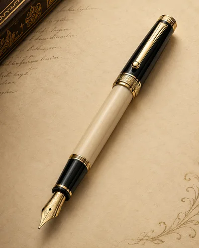 Elegant Fountain Pen Resting on Vintage Parchment Paper