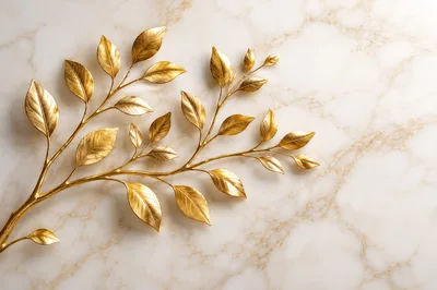 Golden Metallic Leaf Branch On White Marble Background