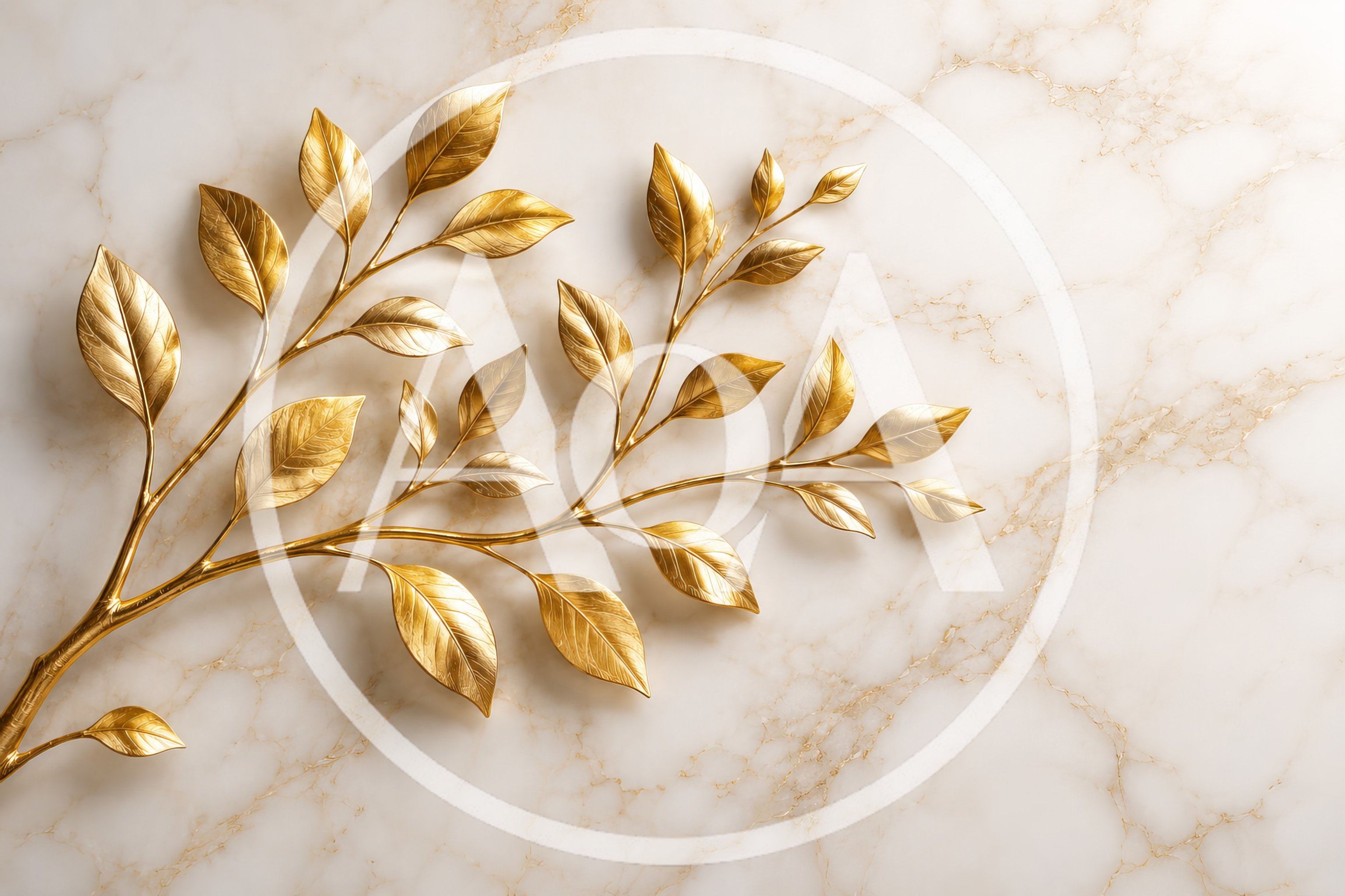 Golden Metallic Leaf Branch On White Marble Background