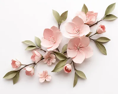 Handcrafted Paper Cherry Blossom Branch on White Background