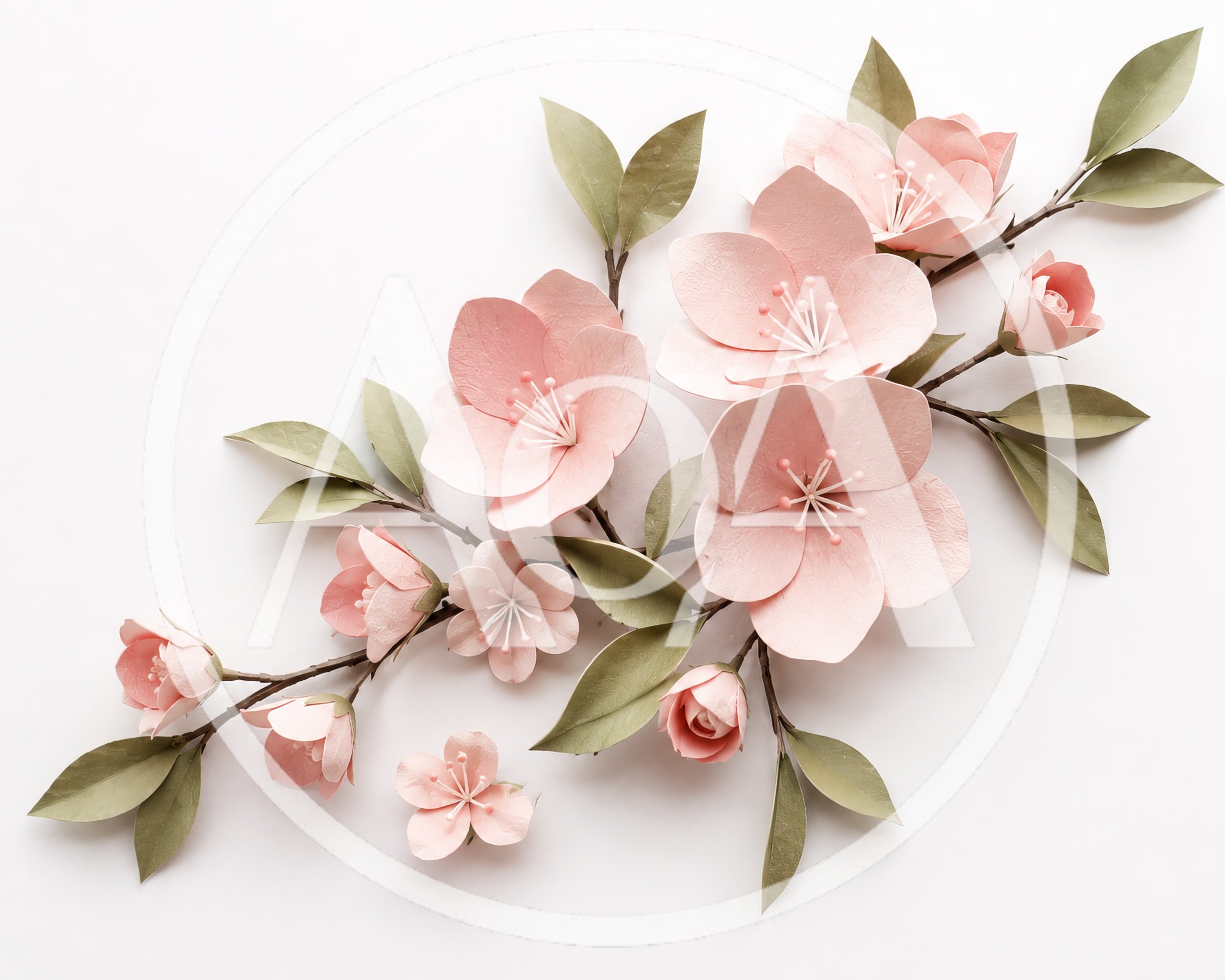 Handcrafted Paper Cherry Blossom Branch on White Background