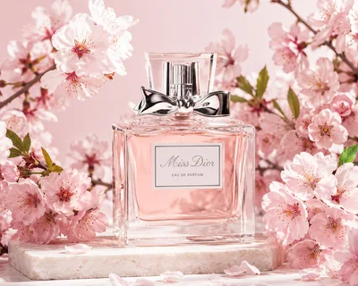Miss Dior Perfume Bottle Surrounded By Cherry Blossoms