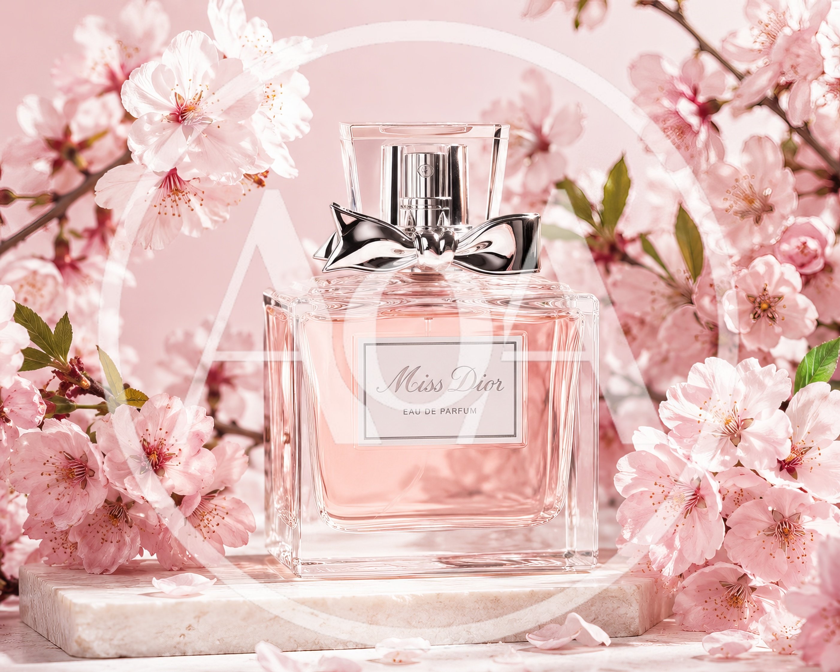 Miss Dior Perfume Bottle Surrounded By Cherry Blossoms