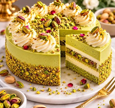 Pistachio Mousse Cake With Cream Swirls