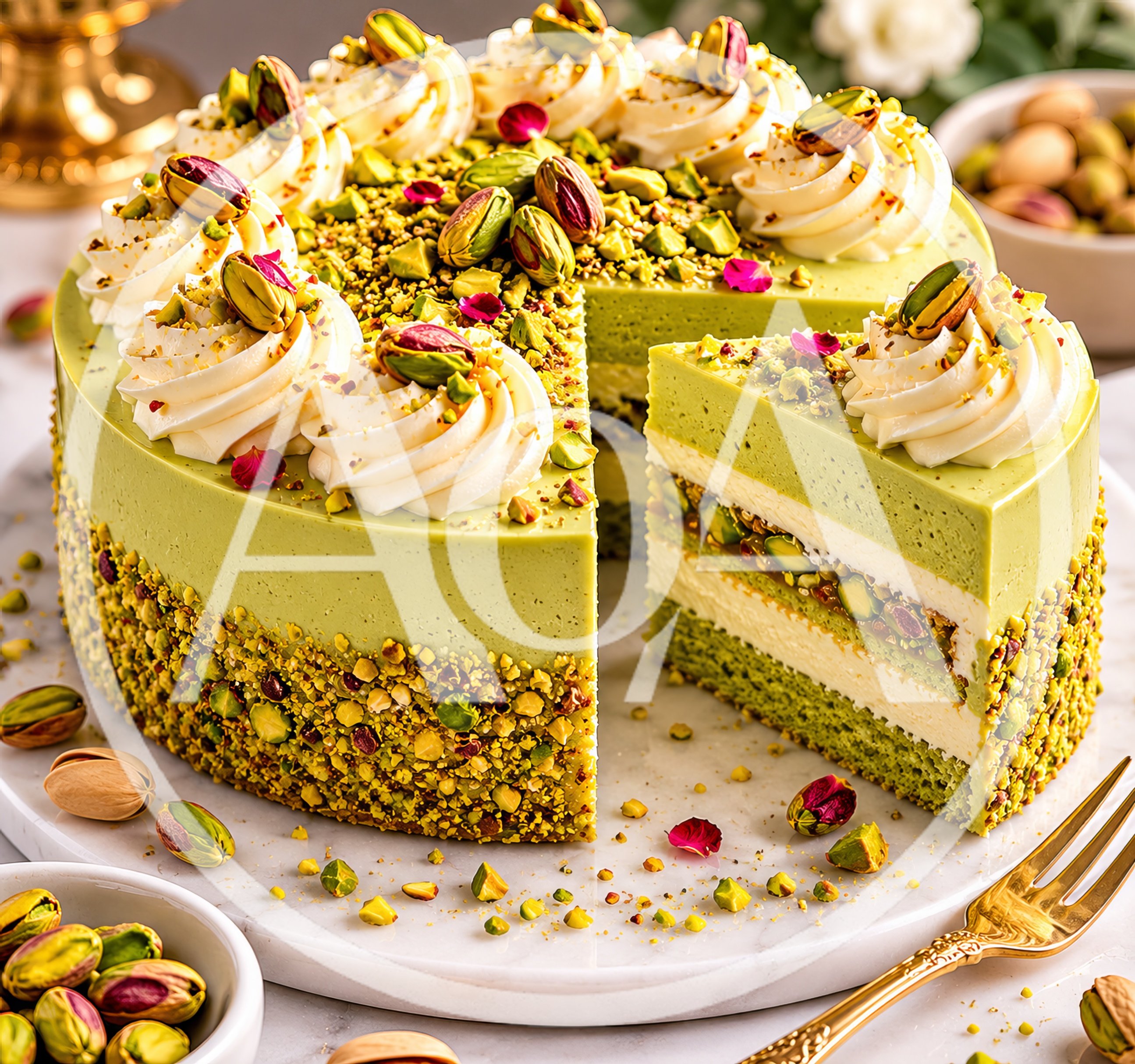 Pistachio Mousse Cake With Cream Swirls