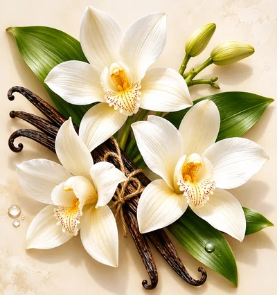 Vanilla Orchid Flowers With Dried Vanilla Beans