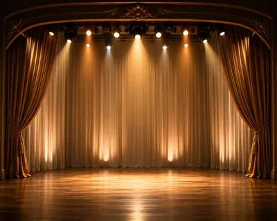 Empty Theater Stage With Golden Curtains And Spotlights
