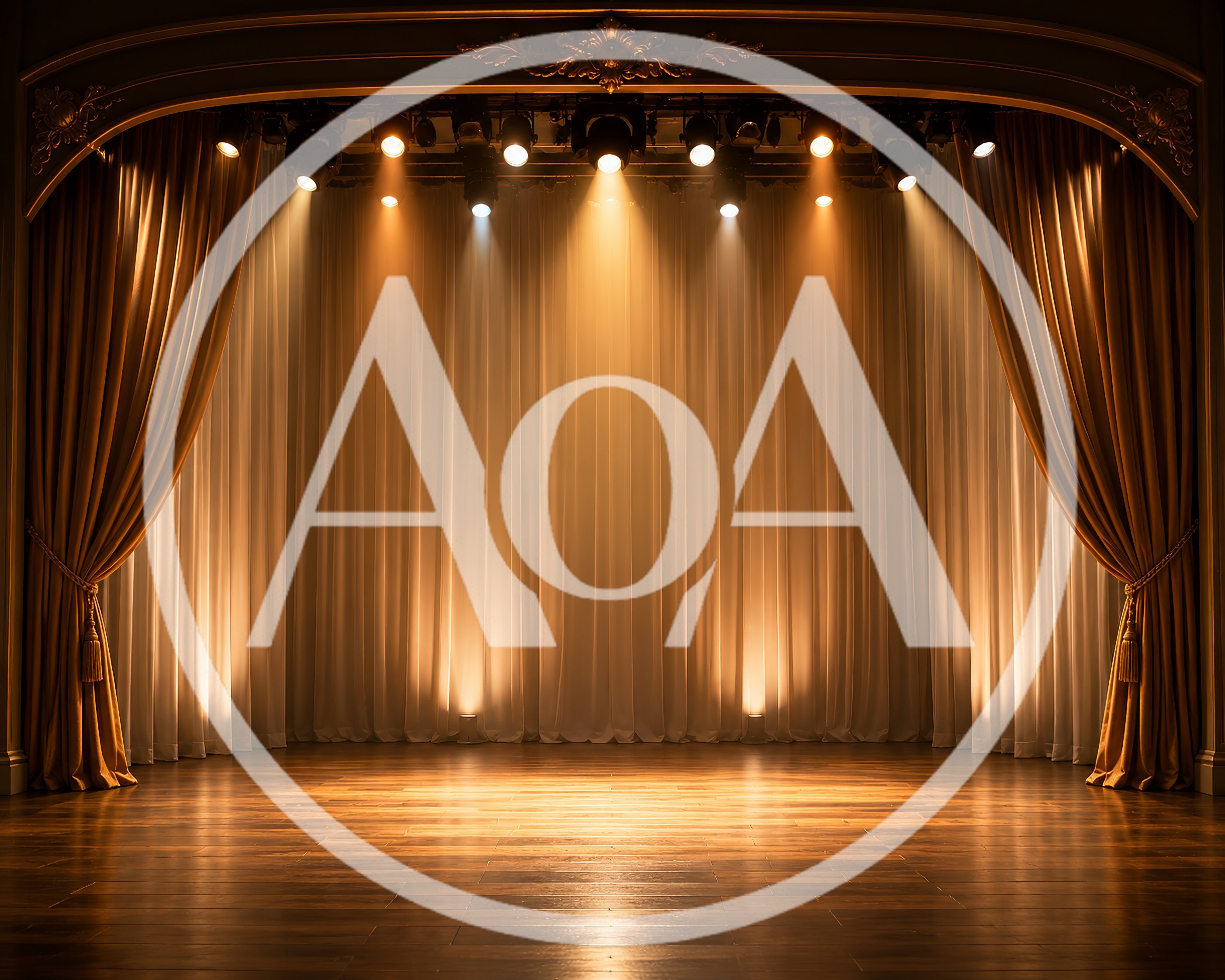 Empty Theater Stage With Golden Curtains And Spotlights