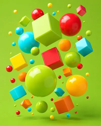 Floating Colorful Geometric Shapes on Green Background
