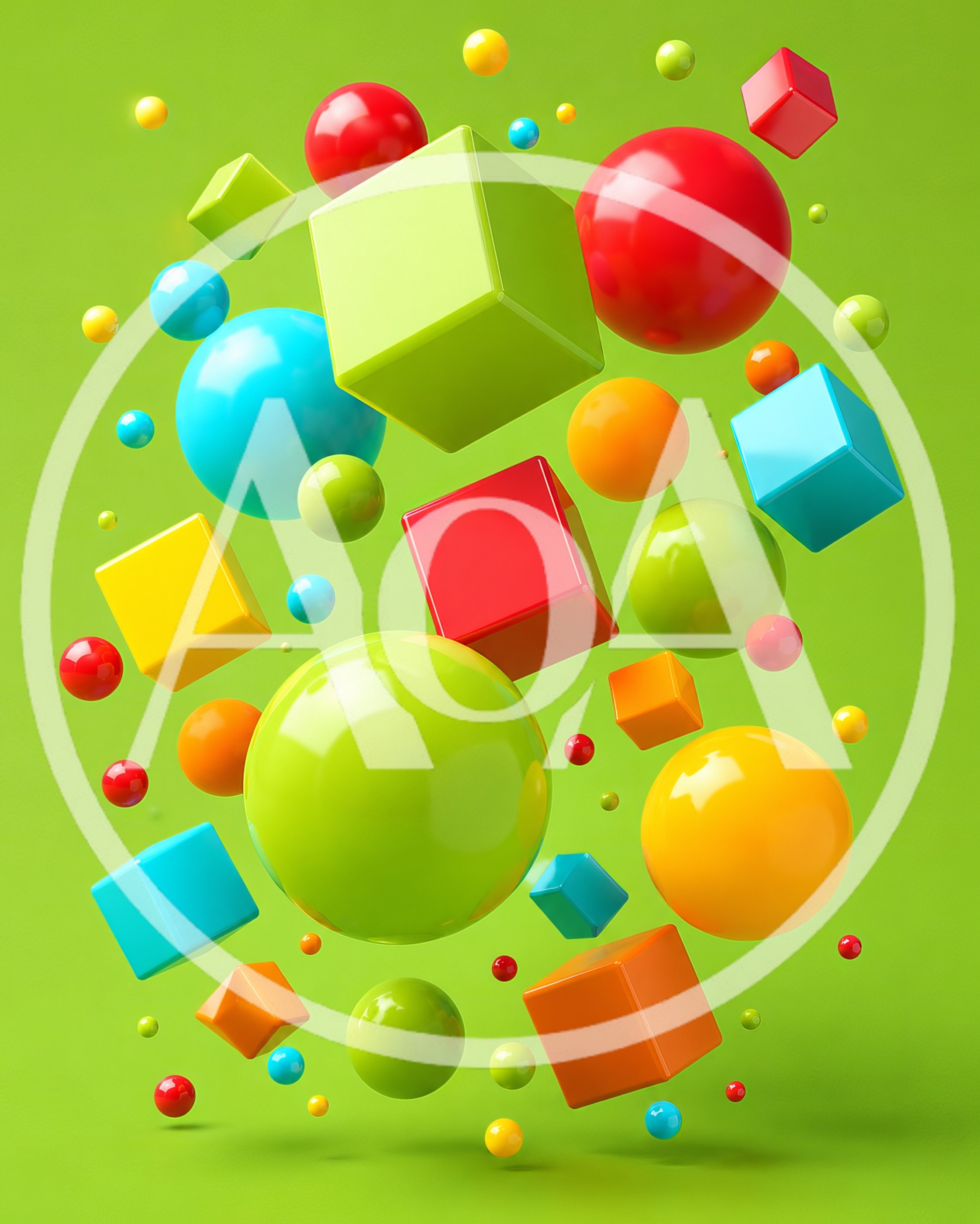 Floating Colorful Geometric Shapes on Green Background