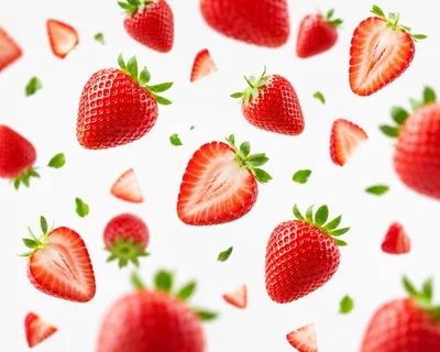Fresh Strawberries Falling Against White Background