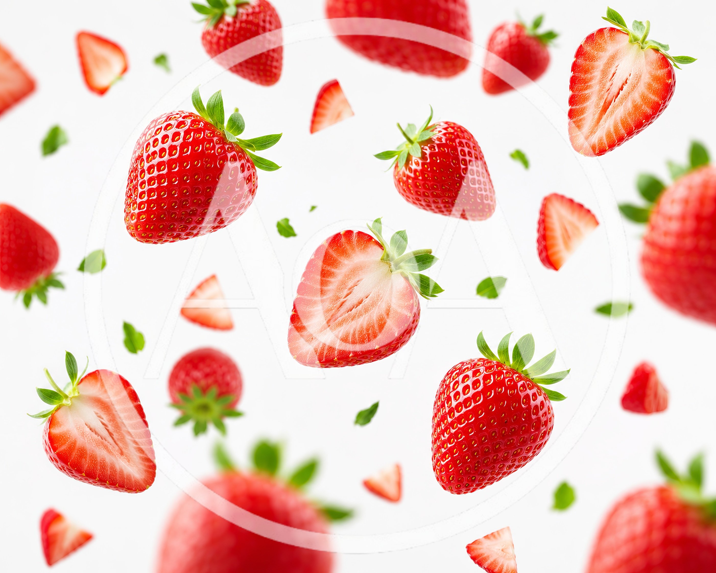 Fresh Strawberries Falling Against White Background