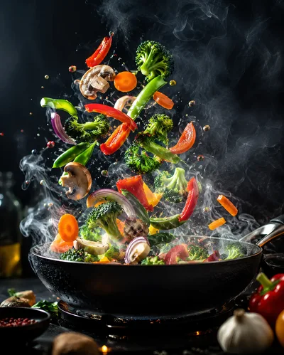 Stir-Fry Vegetables Cooking In A Hot Wok