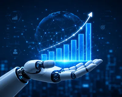 Robotic Hand Holding Digital Growth Bar Chart