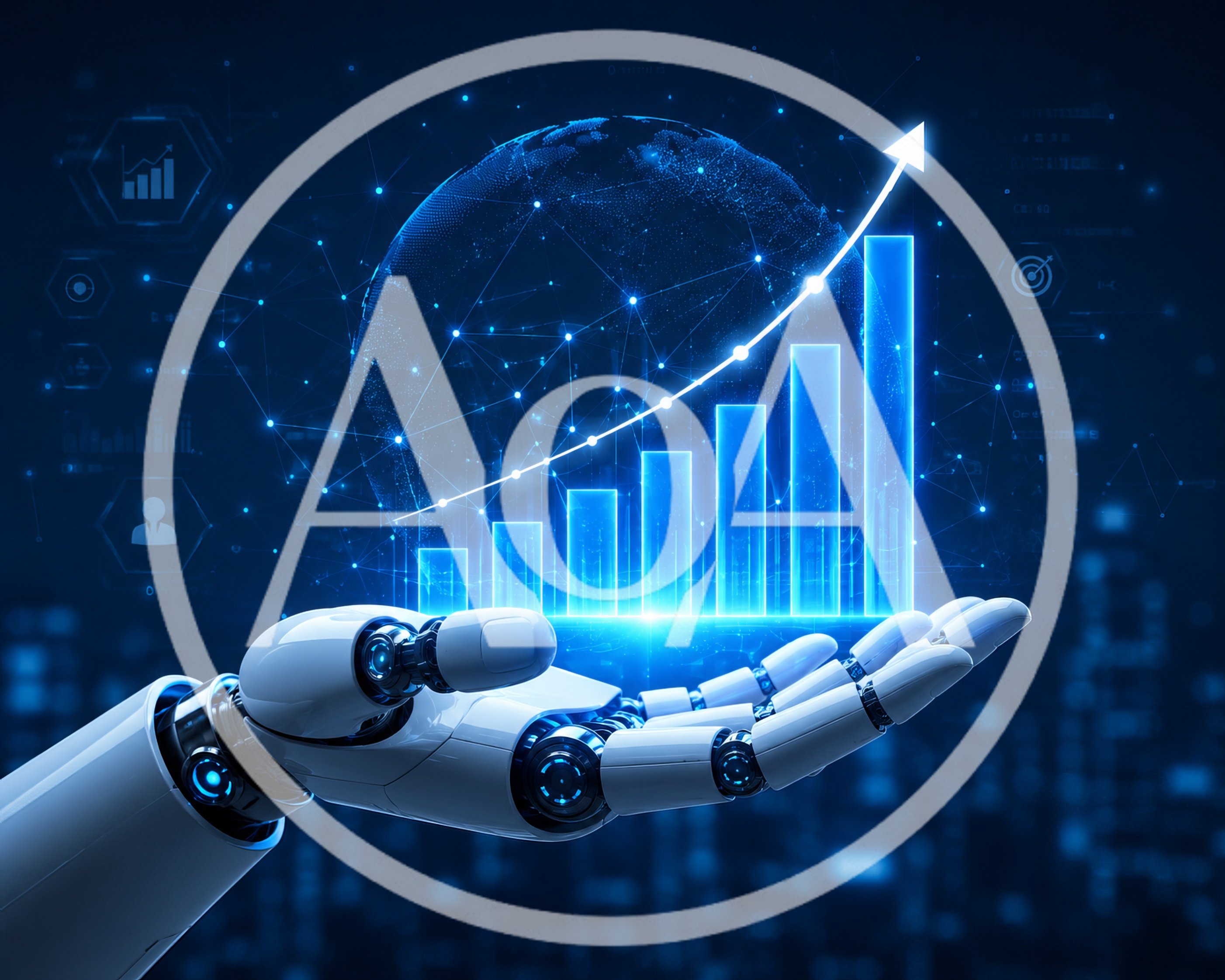 Robotic Hand Holding Digital Growth Bar Chart