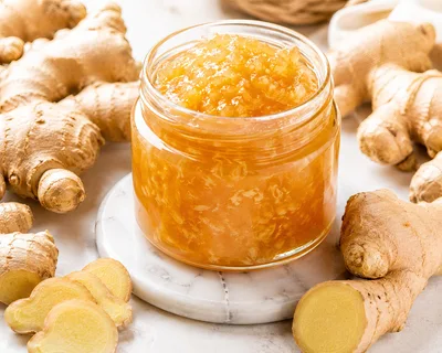 Glass Jar Of Fresh Ginger Jam With Ginger Roots
