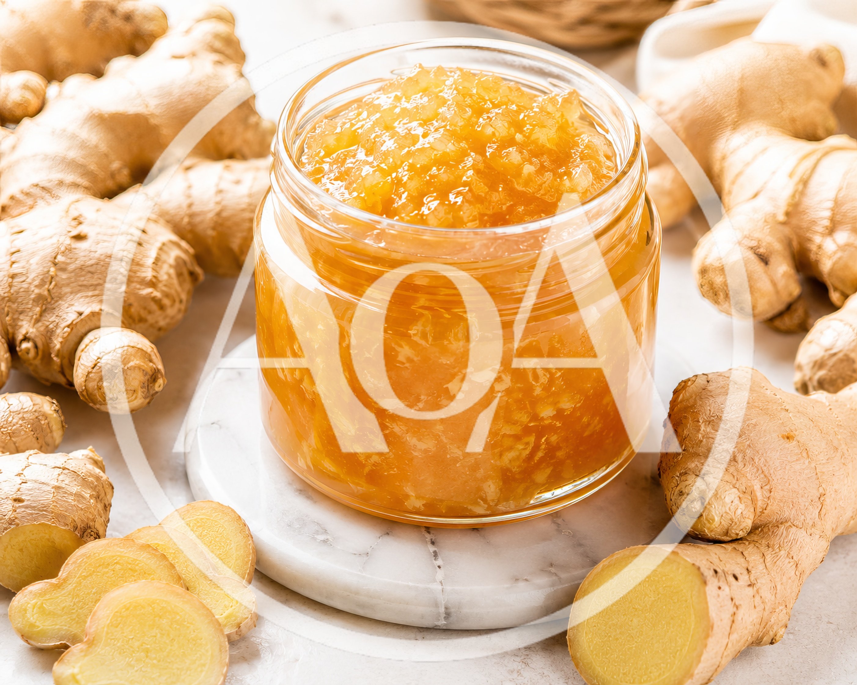 Glass Jar Of Fresh Ginger Jam With Ginger Roots