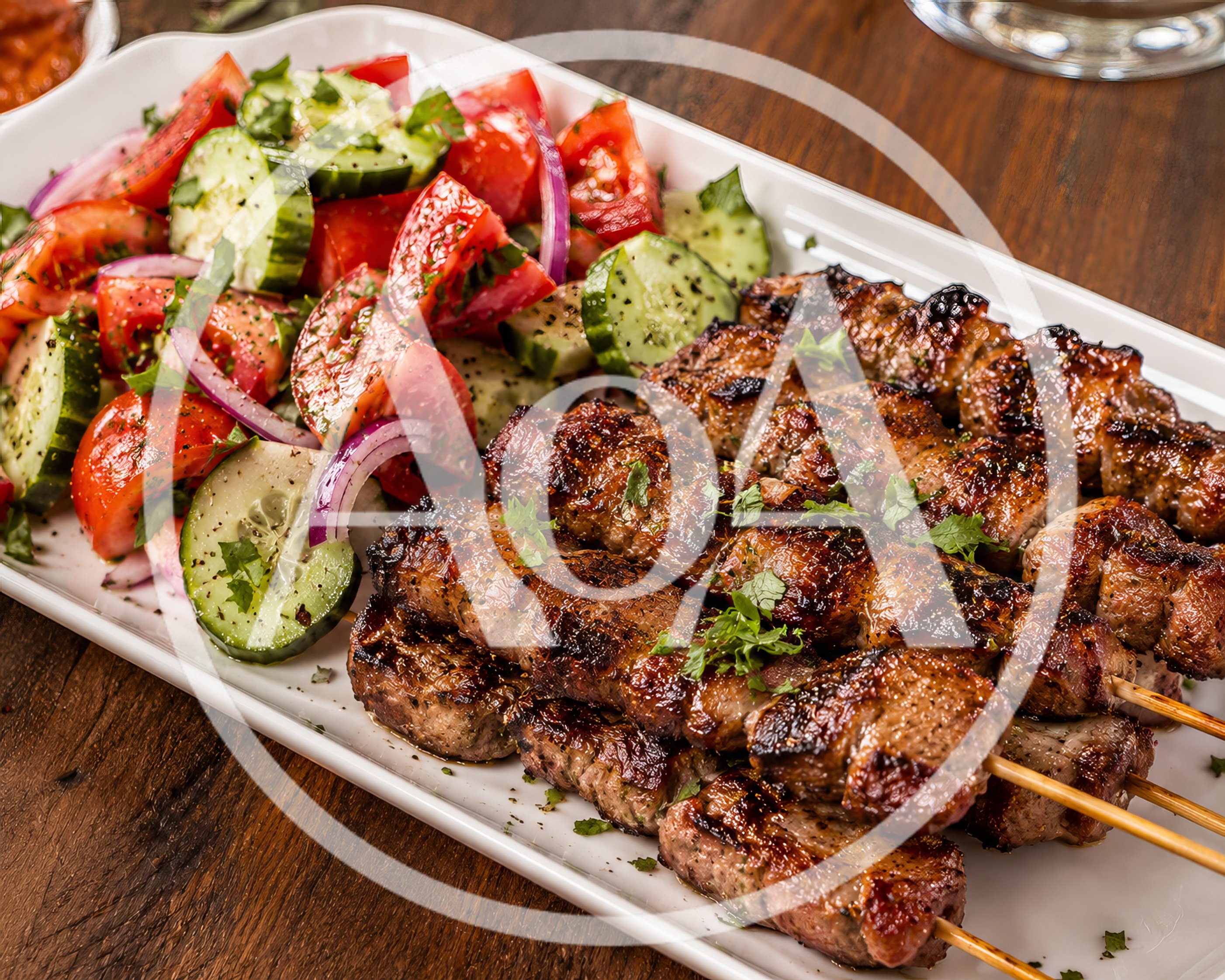 Grilled Meat Skewers With Fresh Vegetable Salad