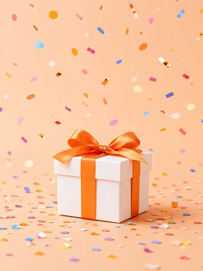 White Gift Box With Orange Ribbon And Confetti