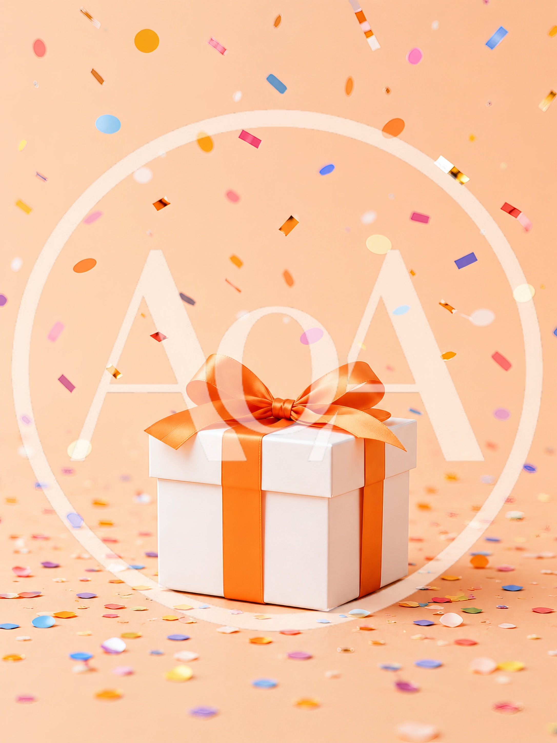 White Gift Box With Orange Ribbon And Confetti