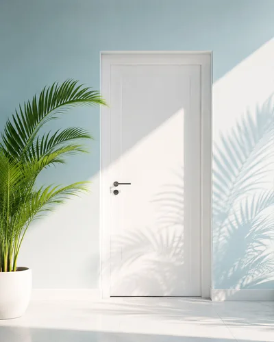 Minimalist Interior With White Door And Palm Plant