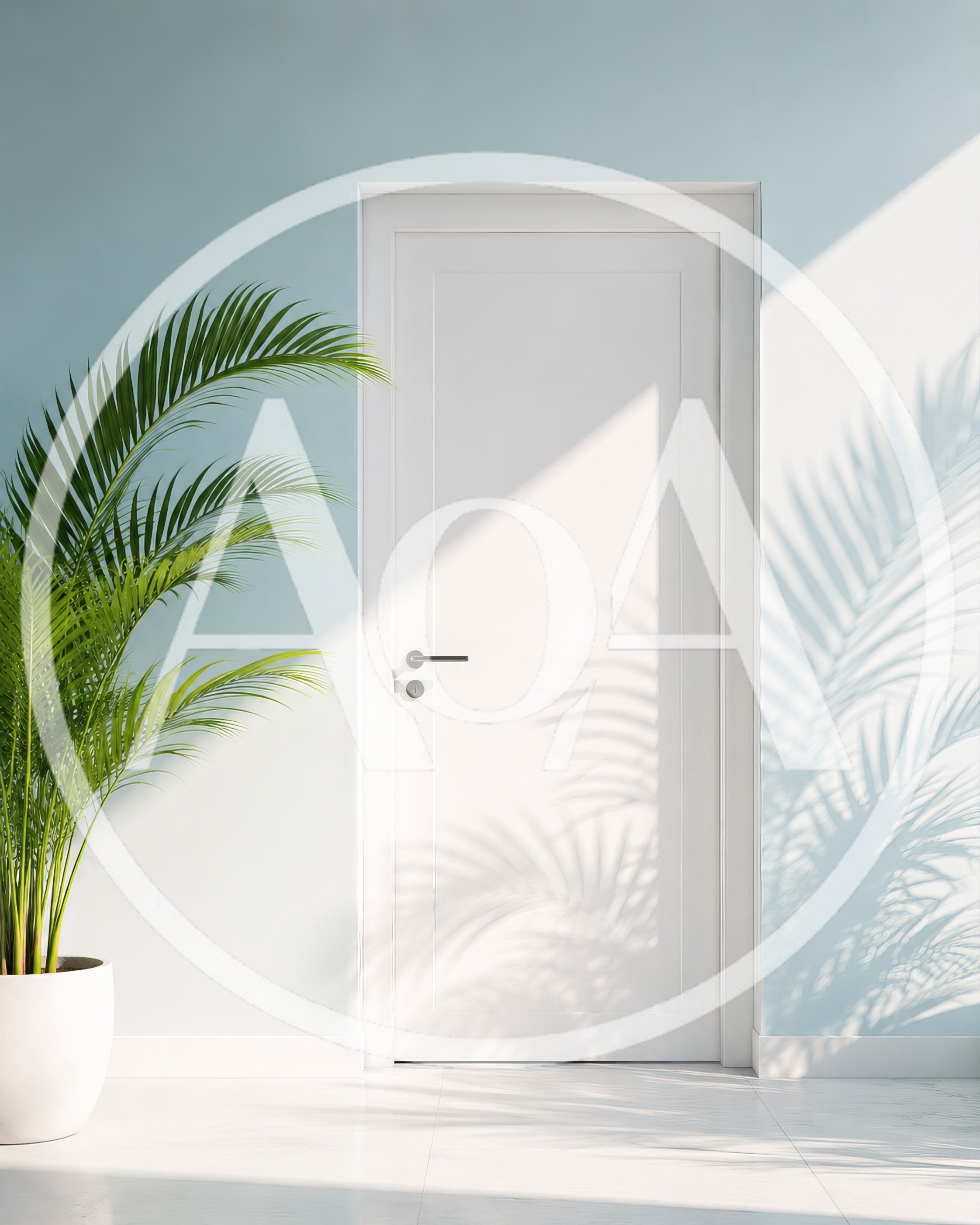 Minimalist Interior With White Door And Palm Plant