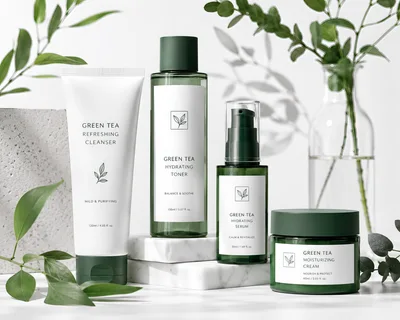 Green Tea Skincare Product Set on Marble Display