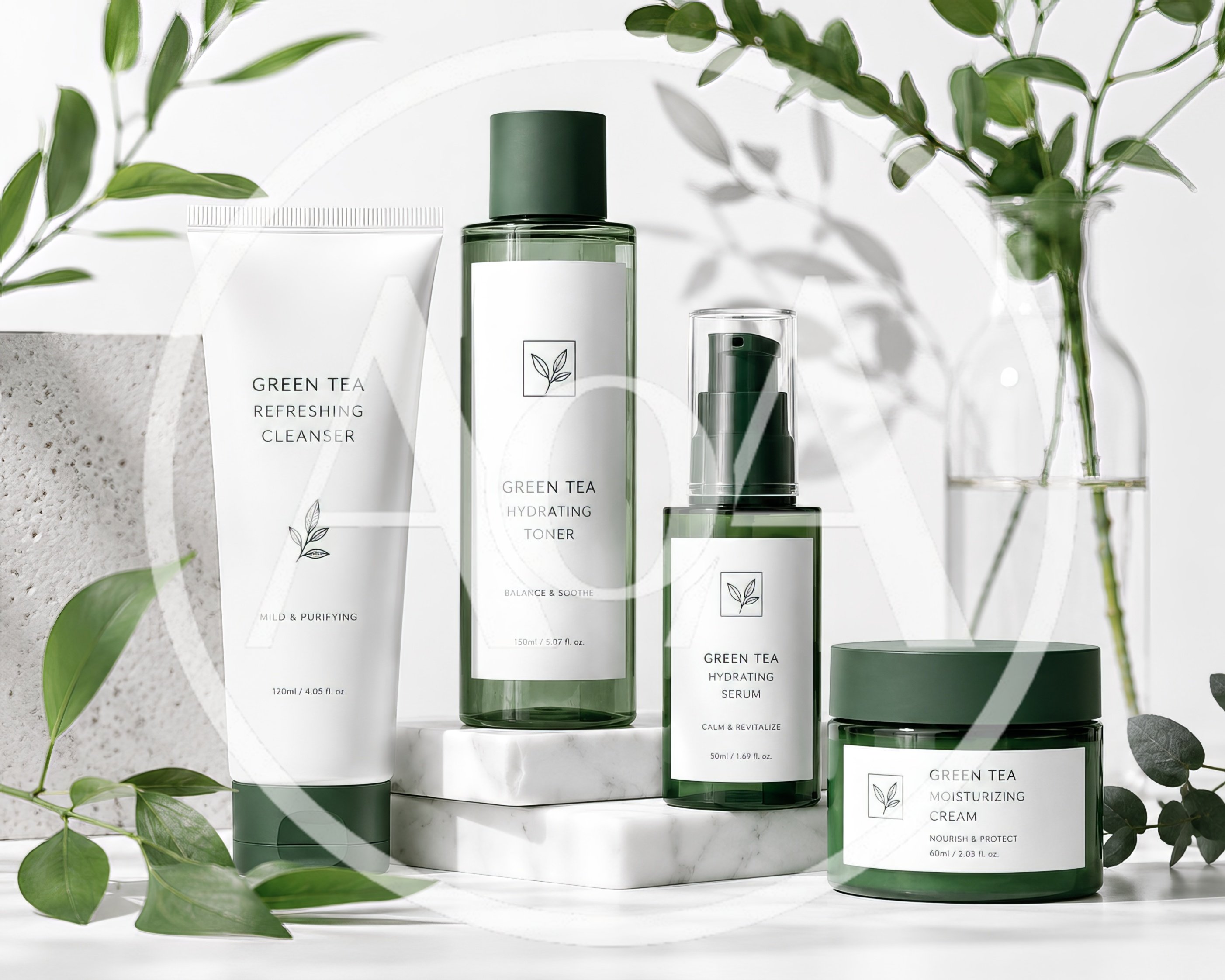 Green Tea Skincare Product Set on Marble Display