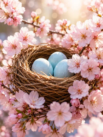Three Speckled Blue Eggs In A Bird Nest