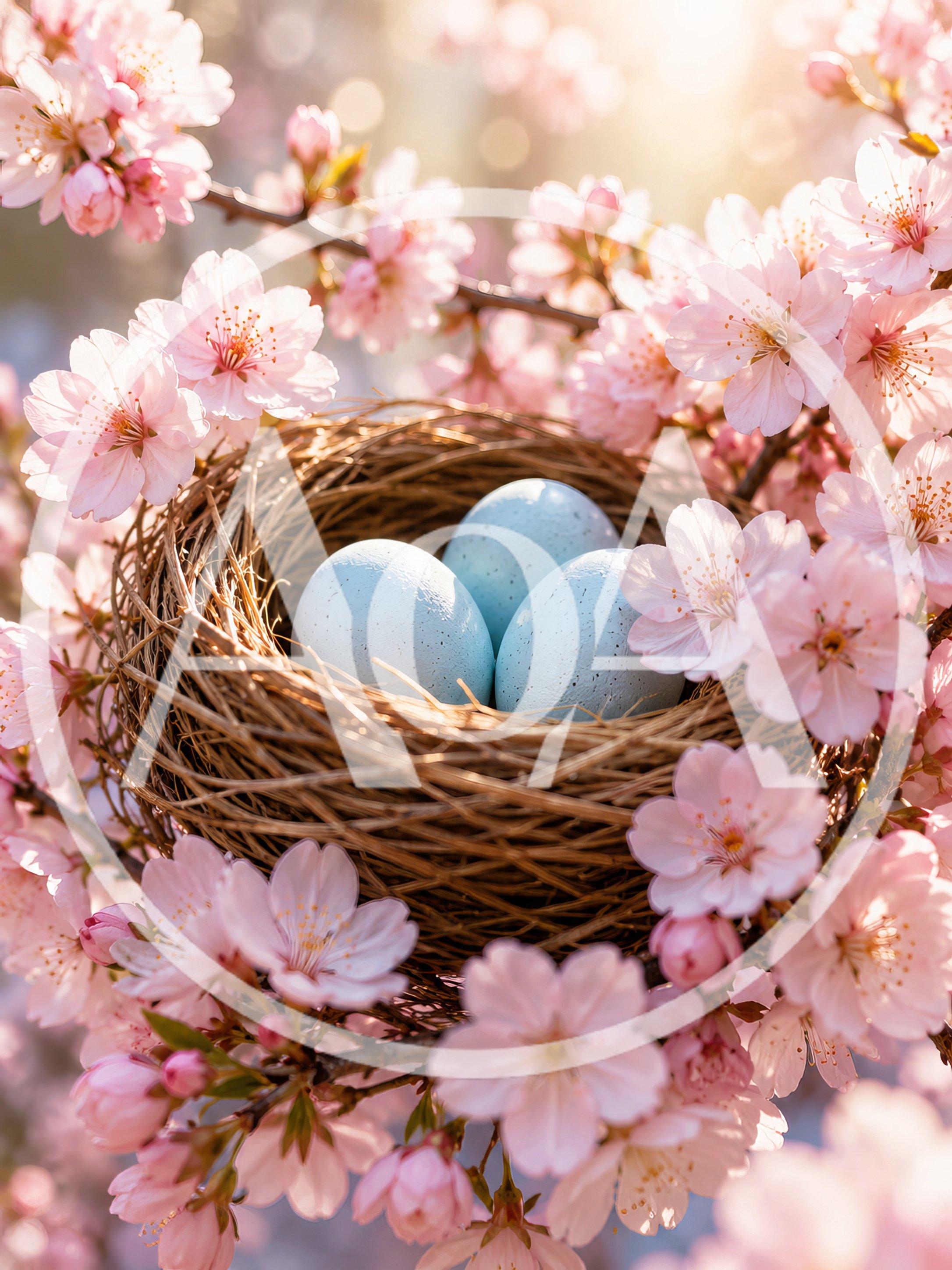 Three Speckled Blue Eggs In A Bird Nest